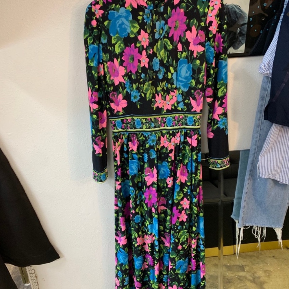 60s Floral Black Dress with Blue and Pink Accents